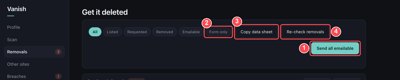 The Removals tab
