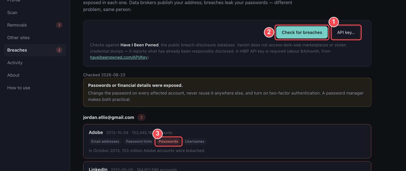 The Breaches tab